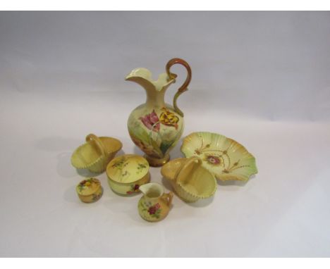 Six pieces of Royal Worcester ceramics including blush ware baskets and two trinket pots and a Royal Worcester style ewer (7)