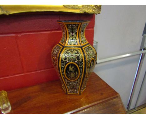 A black and foliate design ceramic vase with panels depicting birds, flared rim, 36cm high