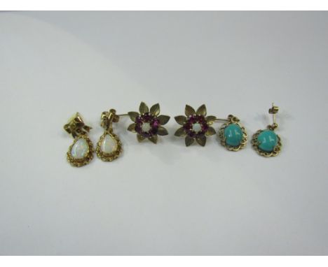 Three pairs of earrings including opal drop earrings, 9ct gold turquoise drop and opal and ruby flower studs, 11.7g