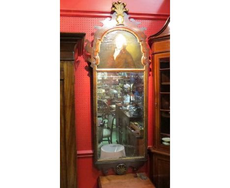 A George III pier mirror with portrait above and feathered helmet crest, 152cm tall x 58cm wide a/f