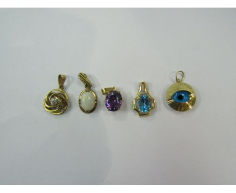 Five various gold pendants including opal, "eye", diamond set etc, 6.6g