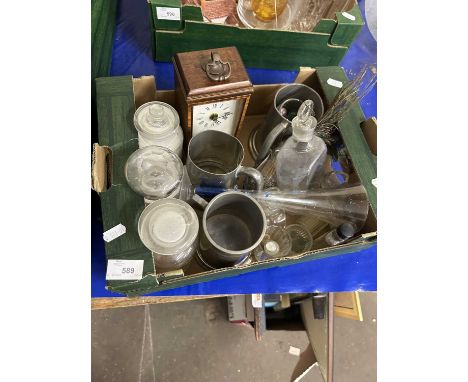 Mixed Lot: Mantel clock, pewter, glass ware etc