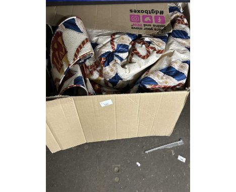 Three boxes of patterned curtains, lined