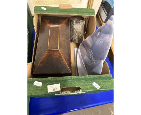 Mahogany tea caddy, model of a boat and metal tankard