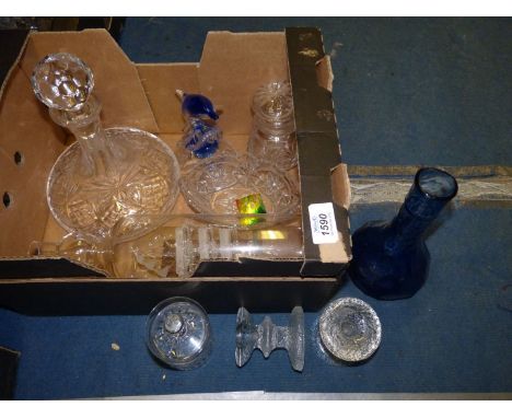 A small quantity of glass items including a 'ship in a bottle', marmalade jar, pickle jar, crystal Dolphin ornament, decanter