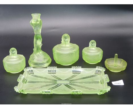 A frosted uranium green glass part 'Nymphen' dressing table set (possibly by Walther and Sohne) comprising of two small and o