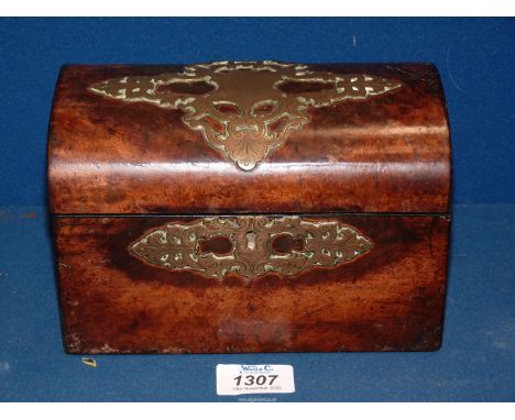A dome topped Walnut wood Caddy with ornate brass detail to the lid, interior a/f, 7 1/2'' wide x 5'' high x 4 1/2'' high.