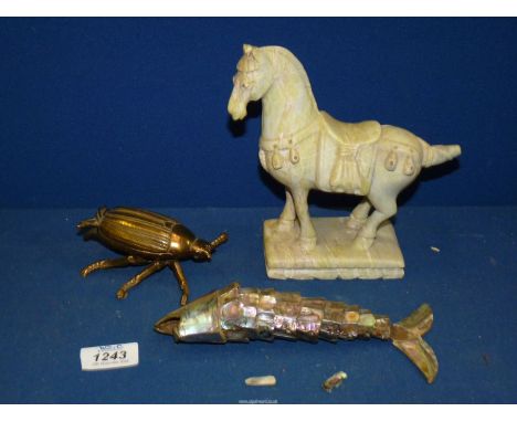 A Mother of Pearl articulated fish, a/f , a brass novelty beetle lidded pot and a modern stone oriental style horse (Dublin 1