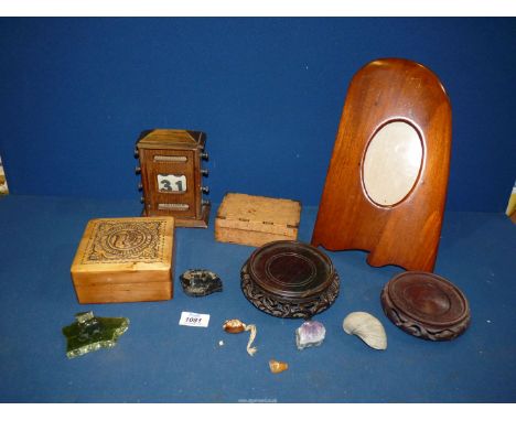 A quantity of miscellanea and treen including photograph frame, two vase stands, two small boxes, perpetual calendar (corners