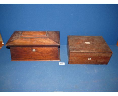 A Rosewood Tea Caddy, interior bowl missing, 14" x 7 1/2" x 7" tall, plus an Oak jewellery box with mother of pearl lozenge t