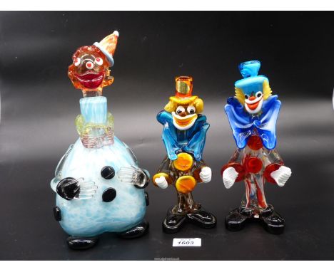 Three Murano glass Clowns, one as a decanter (chip to stopper, 12'' tall).