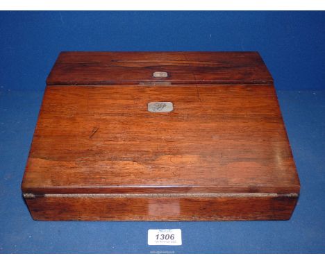 A Writing Slope with Mother of Pearl monogram, black leather lining and ink pot, with key, 12'' x 10''.