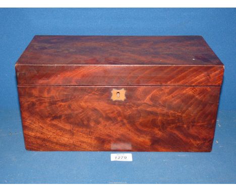 A Regency flame mahogany Tea caddy with gilt brass ring handles and original glass mixing jar, loss to base, circa 1835, inte