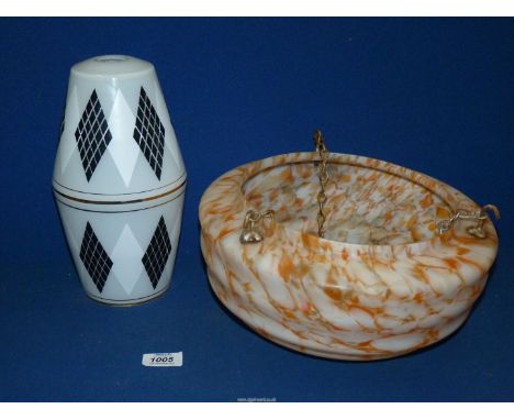 A marble effect glass flycatcher ceiling Light, 11 1/2" diameter and a magic lantern style glass shade with black and white d