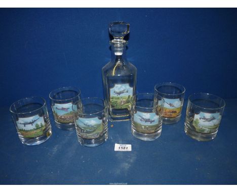 A glass decanter and six whisky glasses with photos of WWII aircraft printed on them.