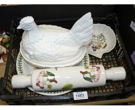 A small quantity of Portmeirion china including hen on nest, cake stand, Botanic Garden shell  shape dish and rolling pin.