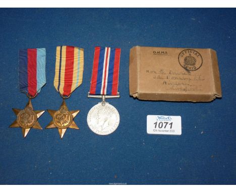 Three World War II medals; 1939-45 War Medal, 1939-45 Battle of Britain Star plus 1942-43 African Star in original OHMS cardb