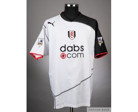 John Harley white Fulham no.3 home shirt with black and red trim,
This player issued shirt sleeved PUMA example has the Barcl