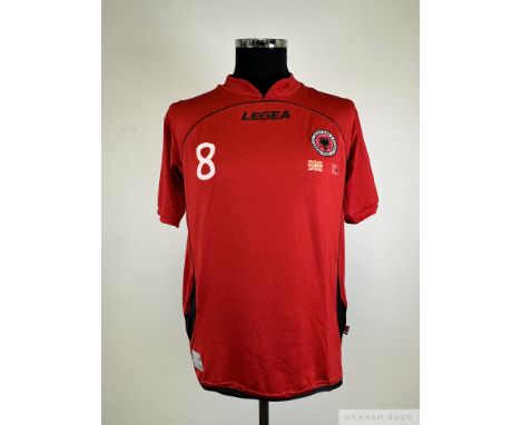 Red and black Albania no.8 home shirt, 2010-11, match-issue, Legea, M, short-sleeved with country emblem, numbered front and 