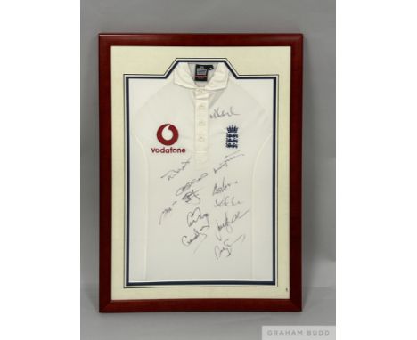 Multi-signed white England cricket shirt display,
Admiral, size M, England emblem, signed in black marker pen by approximatel