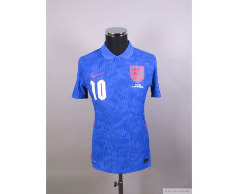 Rahim Sterling blue No.19 England player issue short sleeved shirt, 2021 Nike M
button up collar, embroidered badge, the back