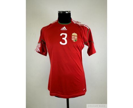 Red and white Hungary no.3 home shirt, 2010 match-issue, Adidas, M, short-sleeved with country emblem, numbered front and rev