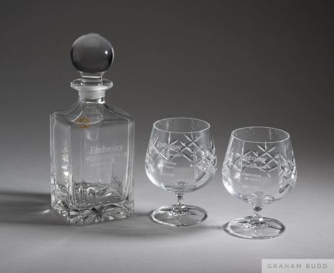 Two brandy glasses and a small decanter relating to snooker,
presented to sponsors of the Embassy World Snooker Championships