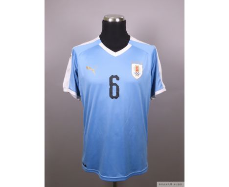 Rodrigo Bentancur blue No.6 Uruguay player issued short sleeved shirt, 2019, Puma M&nbsp;
crew neck collar, printed badge, th
