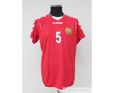 Red, white and grey Armenia no.5 shirt, 2010-11, Hummel, no size label, short-sleeved with country emblem, numbered front and