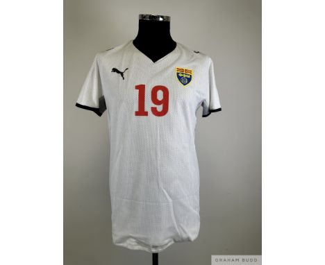 White and black North Macedonia no.19 away shirt, 2008, match-issue, Puma, M, short-sleeved with country emblem, numbered fro
