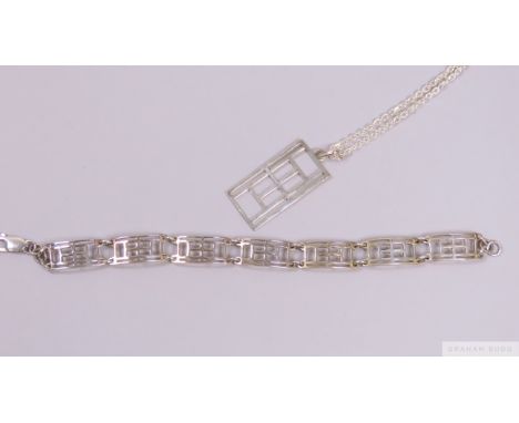 A silver tennis net bracelet, length 21cm.; sold with a silver curb link necklace with tennis net pendant, length 35cm., each