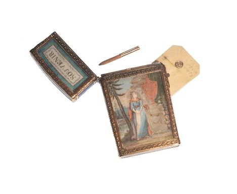 A MID 18TH CENTURY GOLD ENAMEL AND WATERCOLOUR CARNET DE BALLE  circa 1760, the hinged cover with painted panel, inscribed So