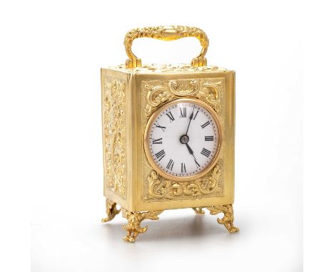 A VICTORIAN SILVER-GILT CARRIAGE CLOCK by William Richard Corke, London 1893, circular white enamel dial with black Roman num