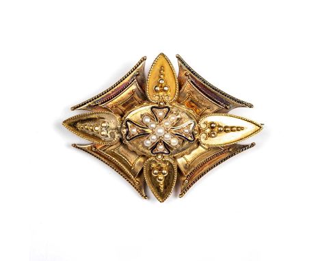 A 19TH CENTURY YELLOW METAL AND SEED PEARL BROOCH unmarked yellow metal, the central oval panel applied with a cross of seed 