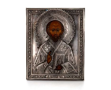 A LATE 19TH CENTURY SILVER-MOUNTED RUSSIAN ICON by Aleksandr Timofeyevich Shevyakov, 1890, St Petersburg 84 standard, the rec