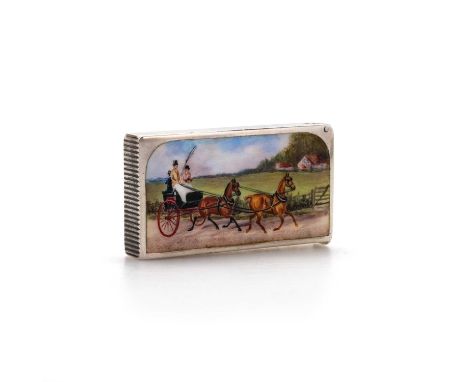 A VICTORIAN SILVER AND ENAMEL VESTA CASE by Sampson Mordan &amp; Co, London 1896, rectangular with a snap-shut cover to one e