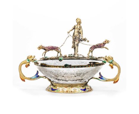 A 19TH CENTURY SILVER-GILT, ENAMEL AND GEM-SET SWEETMEAT BOWL by Hermann Bohm, Austro-Hungarian control marks to base, the ov