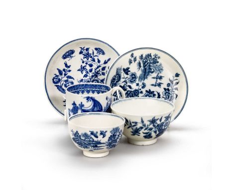 A GROUP OF WORCESTER comprising two tea bowls and saucers and a coffee can, Fisherman, Fence and Three Flowers patterns. (5)