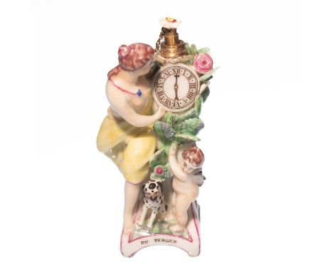 A ST. JAMES'S (CHARLES GOUYN) OR CHELSEA PORCELAIN SCENT BOTTLE AND STOPPER, CIRCA 1755 modelled as Cupid pointing to a clock