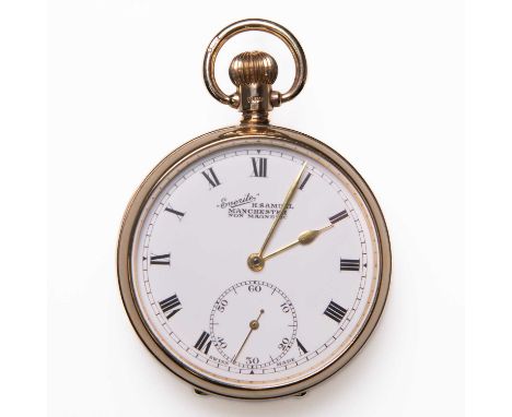 A 9CT GOLD OPEN FACED EVERITE POCKET WATCH circular white enamel dial signed Everite H Samuel Manchester Non Magnetic, with b