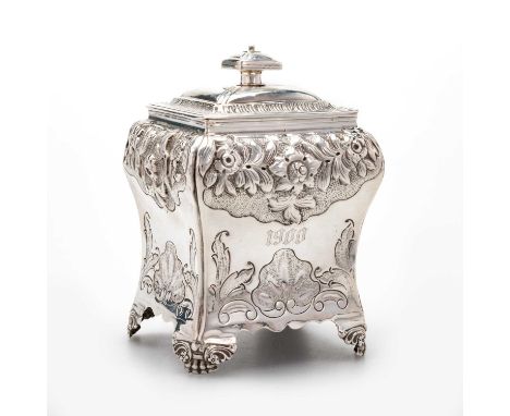 A GEORGE IV SILVER TEA CADDY by Thomas Blagden &amp; Co, Sheffield 1828, of bombe form, lift-off cover with a rectangular fin