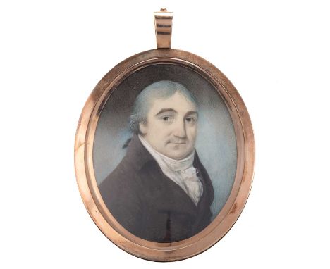 ATTRIBUTED TO GEORGE ENGLEHEART (1750-1829) PORTRAIT MINIATURE OF A GENTLEMAN  § in a yellow metal case, painted on ivory, ha