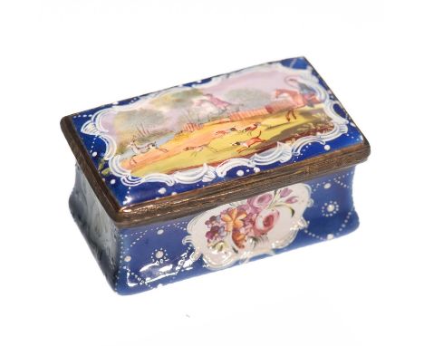 A BILSTON ENAMEL BOX, CIRCA 1770 the rectangular lid decorated with a stag hunting scene within a white scroll border, reserv