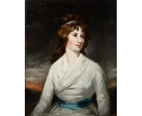 AFTER GEORGE ROMNEY (19TH CENTURY) PORTRAIT OF A LADY IN WHITE DRESS AND BLUE SASH  Oil on canvasOld Christies labels verso. 