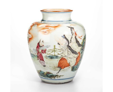 A LARGE CHINESE PORCELAIN VASE of shouldered ovoid form, enamel painted with Shoulao accompanied by a child, probably 19th Ce
