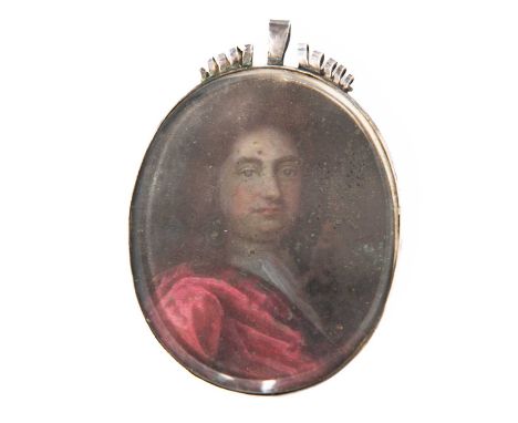 17TH/ 18TH CENTURY ENGLISH SCHOOL PORTRAIT MINIATURE OF A GENTLEMAN  § Oil, possibly on ivory, not examined out of white meta