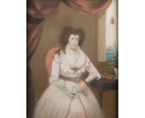 18TH CENTURY ENGLISH SCHOOL PORTRAIT OF A LADY SEATED BY A WINDOW Pastel36cm x 28cm