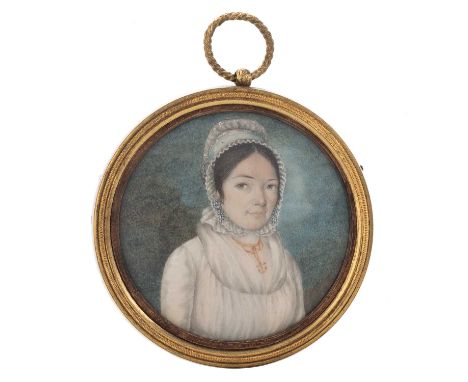 EARLY 19TH CENTURY EUROPEAN SCHOOL PORTRAIT MINIATURE OF A LADY IN A BONNET  § indistinctly signed and dated 1801, painted on