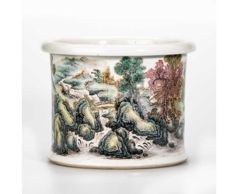 A LARGE CHINESE FAMILLE ROSE 'LANDSCAPE' BRUSHPOT, BITONG, EARLY 20TH CENTURY cylindrical, enamel painted with a landscape, i