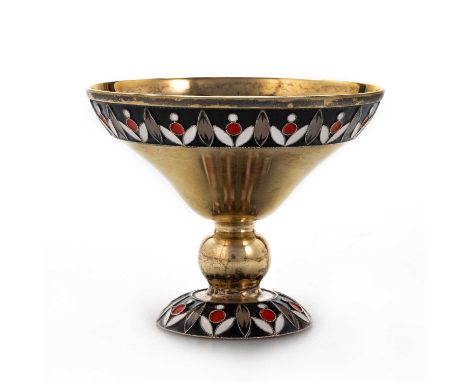A 20TH CENTURY RUSSIAN SILVER-GILT ENAMEL GOBLET USSR marked 916, tapering circular bowl, raised on a pedestal foot with a kn